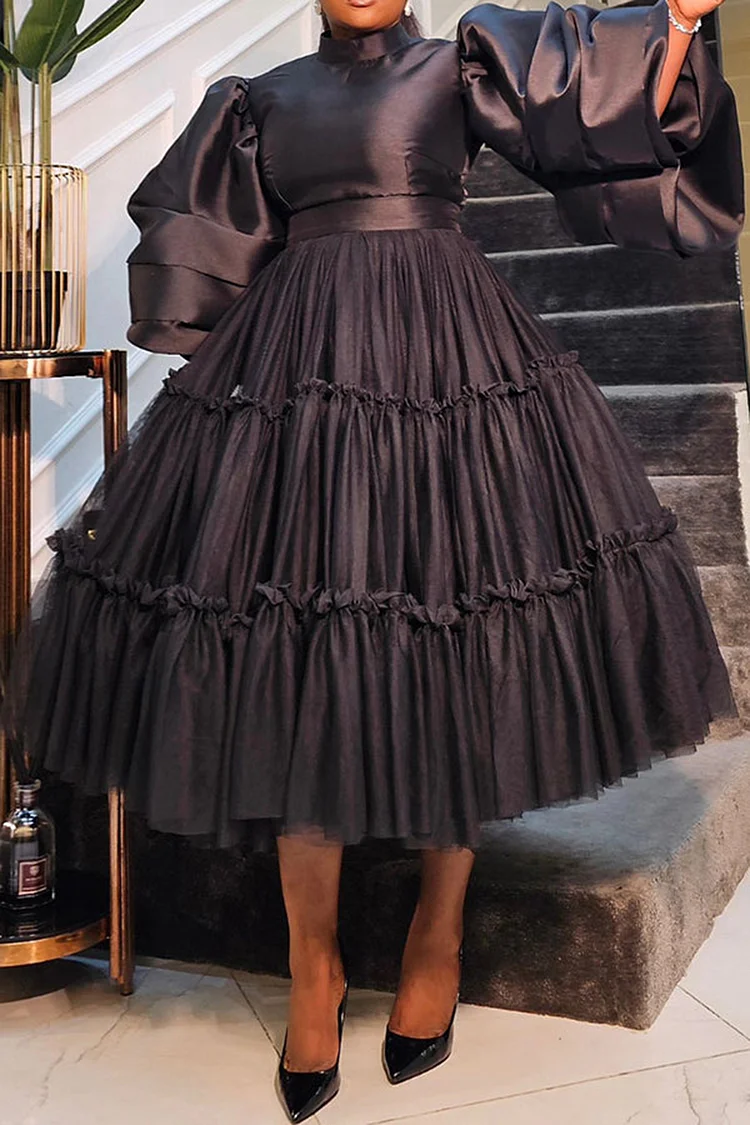 Plus Size Formal Satin Black Stand-Up Collar Puff Sleeve Long Sleeve Contrast Tulle Midi Dresses