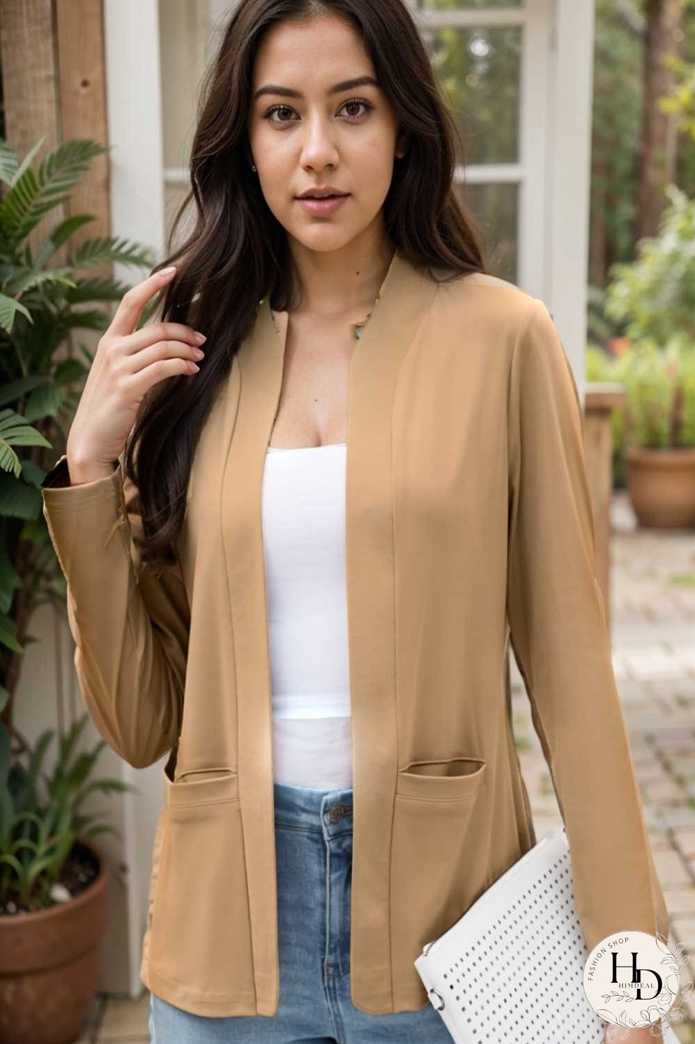 solid long sleeves pockets open front versatile blazer