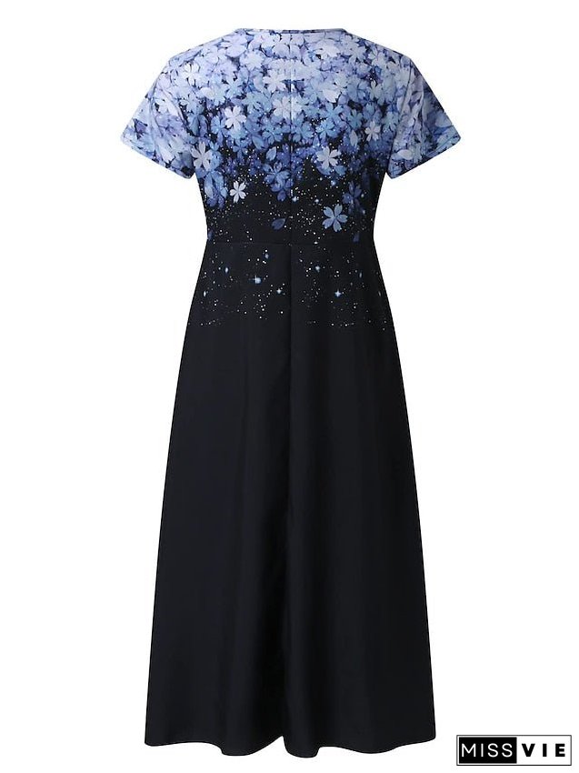 Women's Plus Size A Line Dress Floral V Neck Print Short Sleeve Spring Summer Elegant Midi Dress Daily Vacation Dress