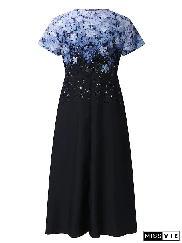 Women's Plus Size A Line Dress Floral V Neck Print Short Sleeve Spring Summer Elegant Midi Dress Daily Vacation Dress