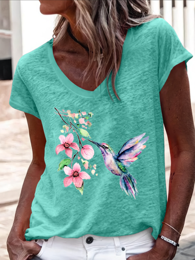 Women's Hummingbird Watercolor Nature Bird Lover V Neck Casual Regular Fit T-Shirt socialshop