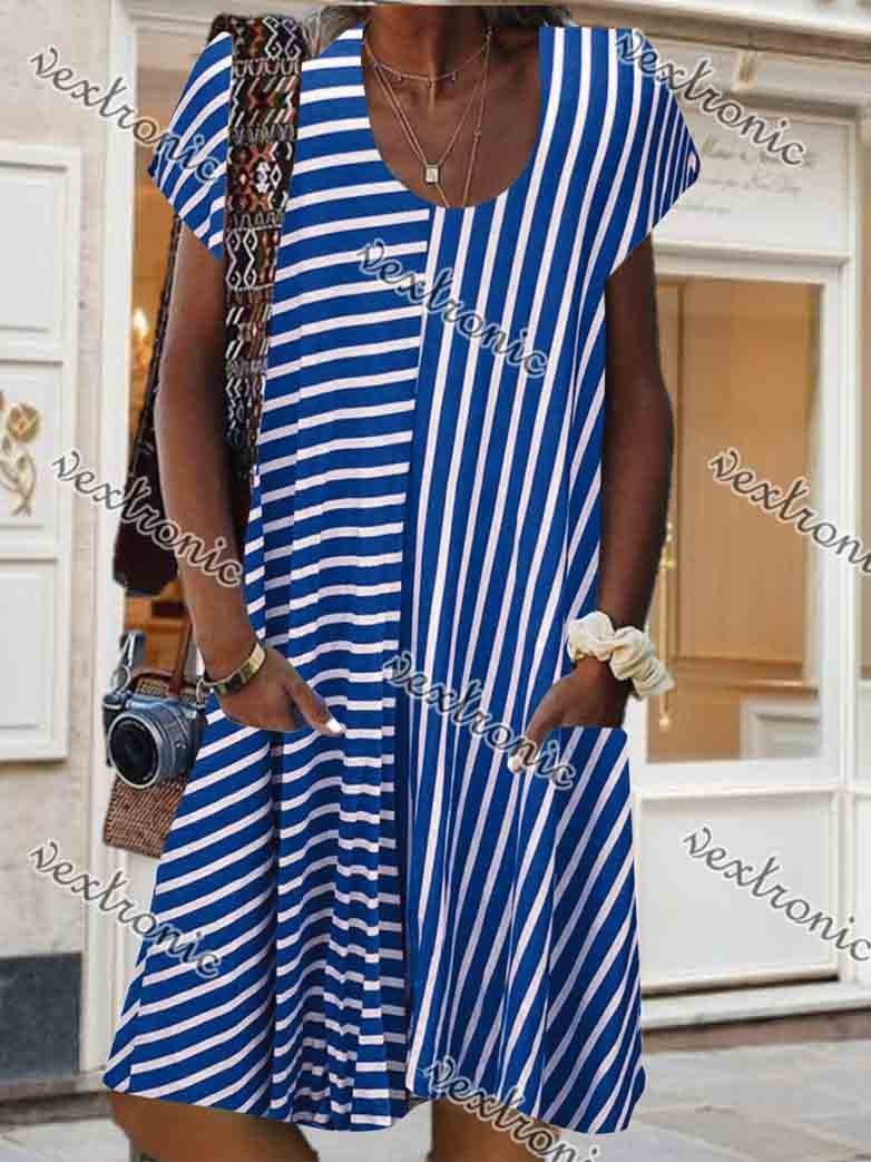 Women's Striped Printed Short Sleeve Scoop Neck Shift Dress Midi Dress With Pockets