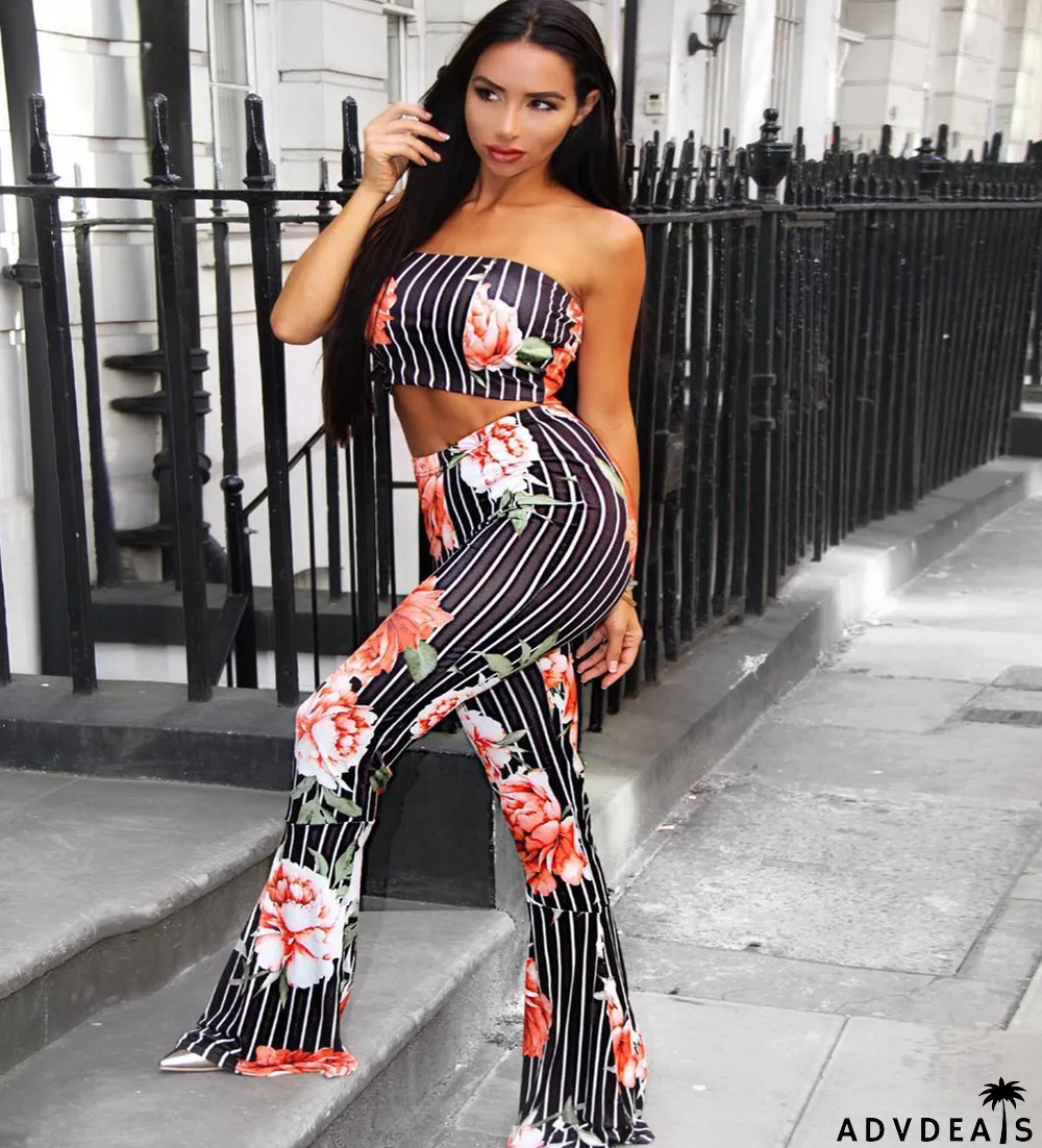 Floral Print Striped Tube Top And Pants 2 Piece Sets