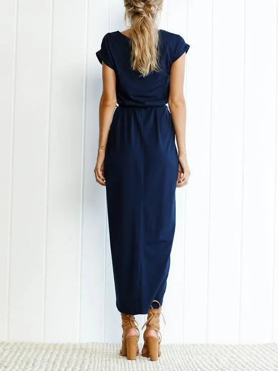 Solid Color Round Neck Split Hem Dress