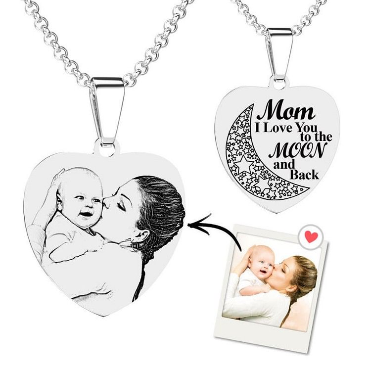 Personalized Heart Picture Necklace With Engraving Moon I Love You To The Moon And Back, Custom Necklace with Picture