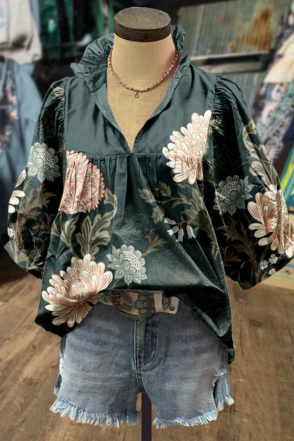 Retro Floral Print Puff Sleeve Top