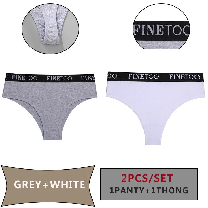 FINETOO 2PCS/Set Women Cotton Panties Sexy Letter Underwear Panty Thong Low Waisted 1Panty+1G-string Brief Tanga Lingerie Femme