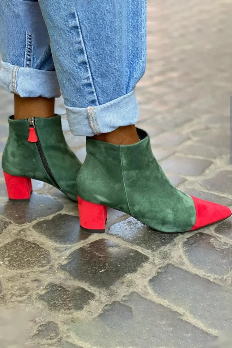 Color Block Pointy Toe Faux Suede Green Ankle Boots