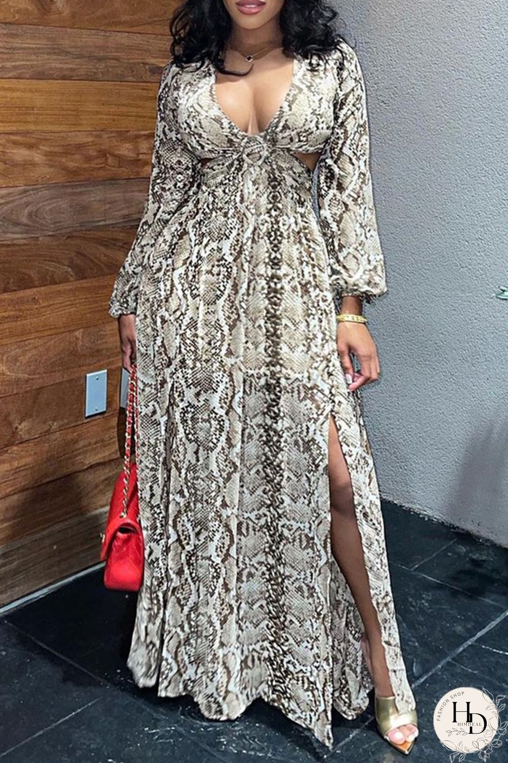 Snake Print Fashion Sexy Print Hollowed Out Slit V Neck Long Sleeve Dresses