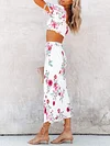 Floral-Print Puff Sleeves Tops Two Piece Skirt Suit