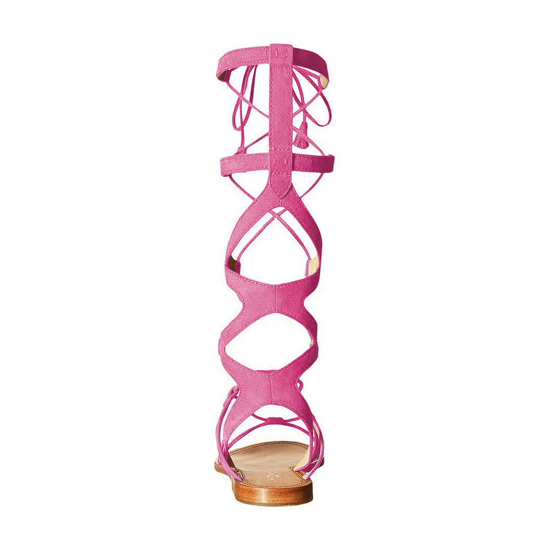 Lace Up Knee High Flat Gladiator Cute Pink Sandals for Women