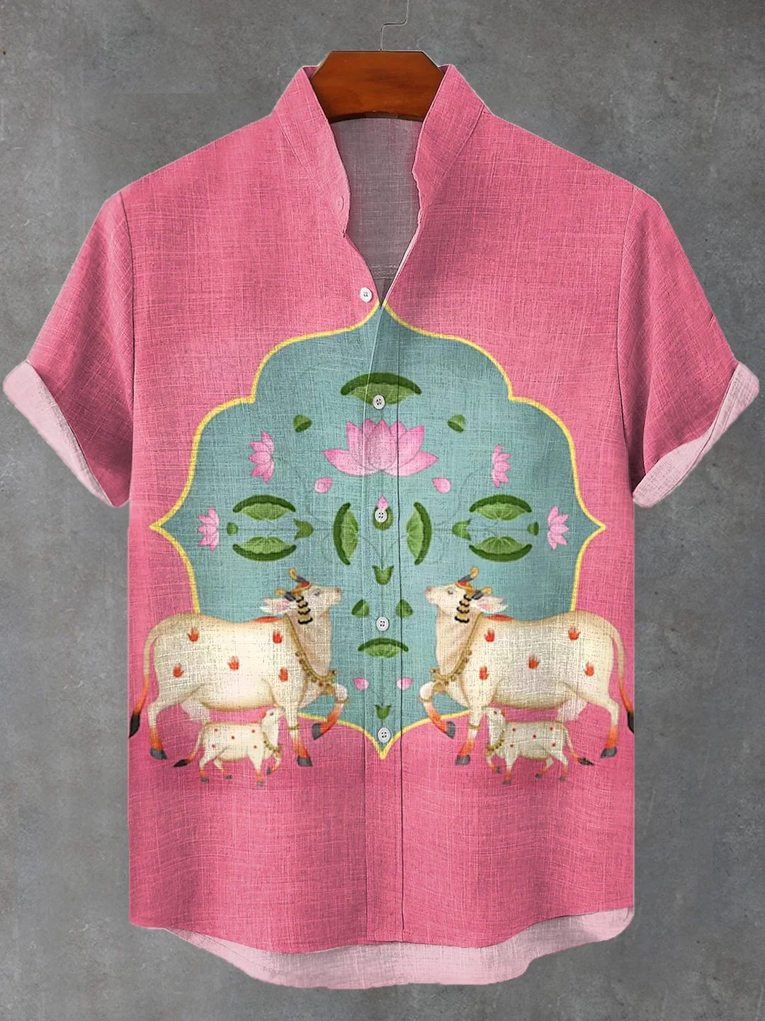 Men's Indian Cow Spiritual Folk Art Print Linen Blend Shirt