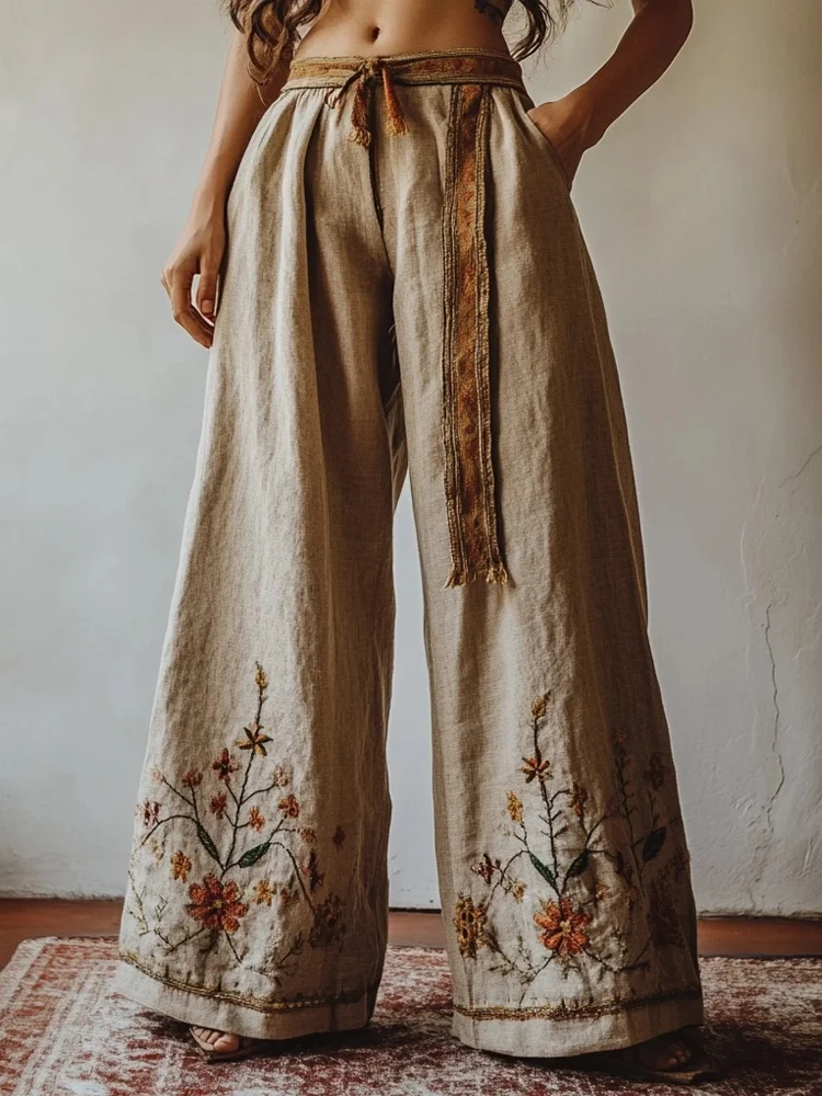 Vintage Floral Embroidered Linen Blend Casual Pants