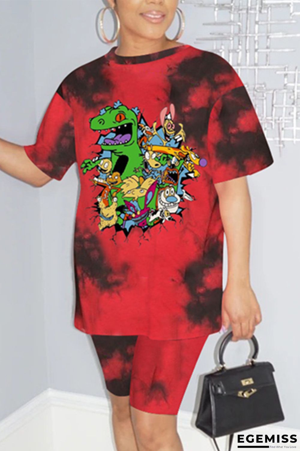 Red Fashion Casual Printed Short-sleeved T-shirt Set | EGEMISS