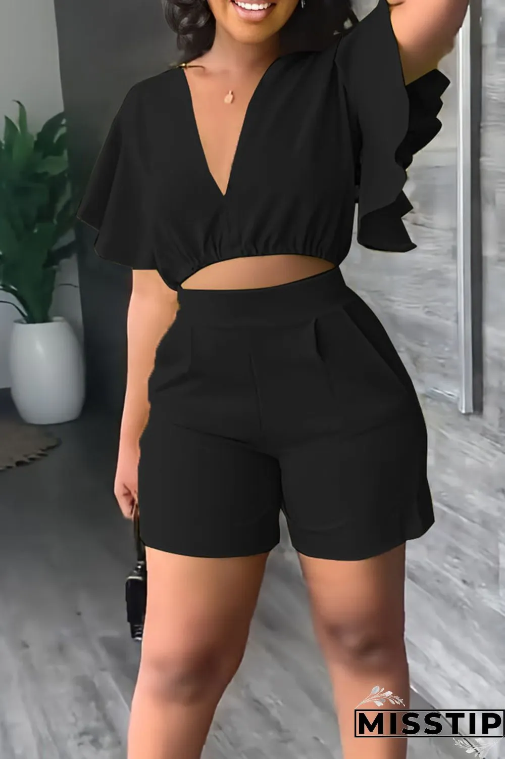 Yellow Casual Solid Patchwork Flounce V Neck Short Sleeve Two Pieces
