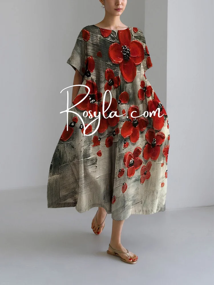 Women's Casual 3D Red Floral Print Loose Round Neck Medium Length Skirt Dress