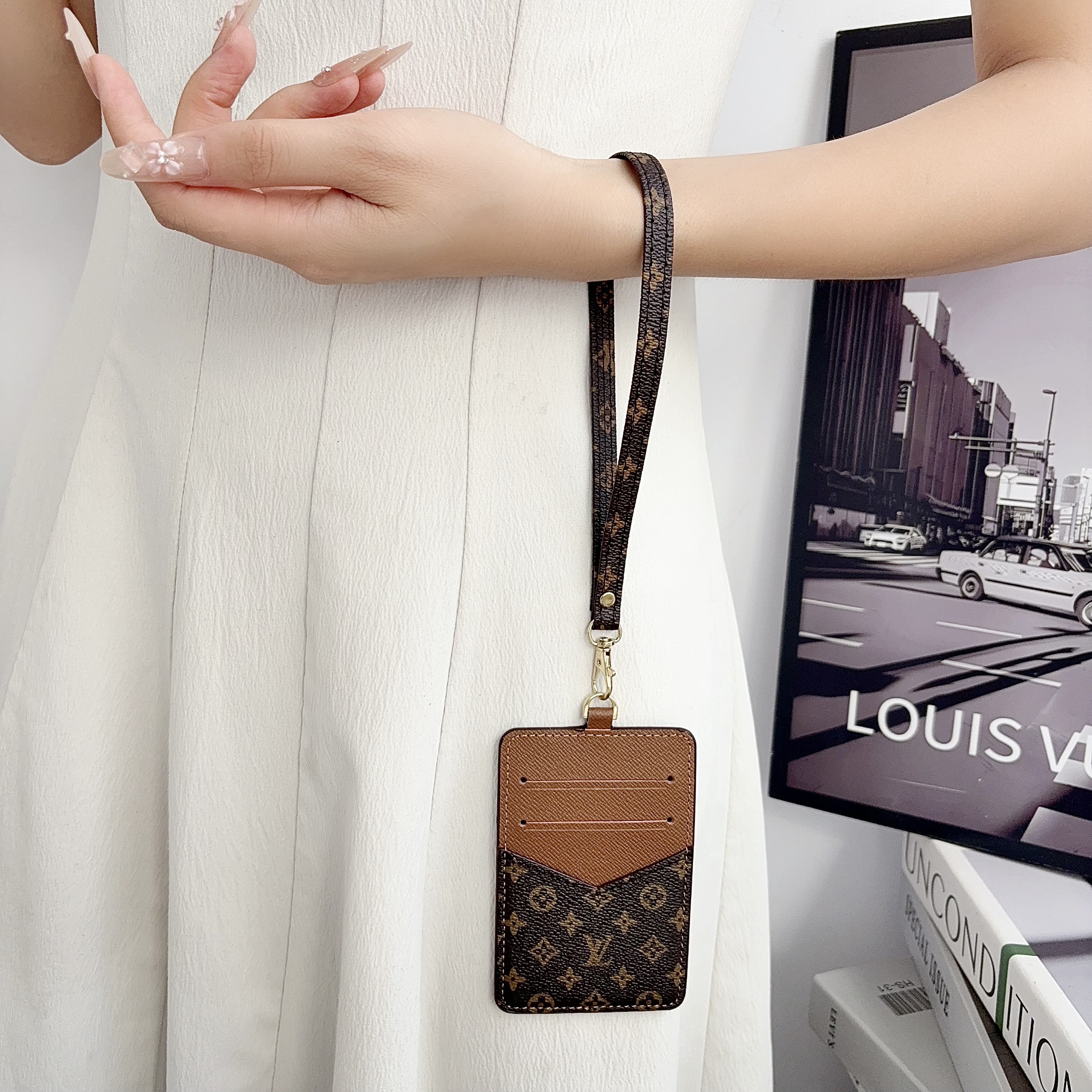 Chic LV Monogram Wristlet ID Badge Cardholder Wallet with Floral Charm