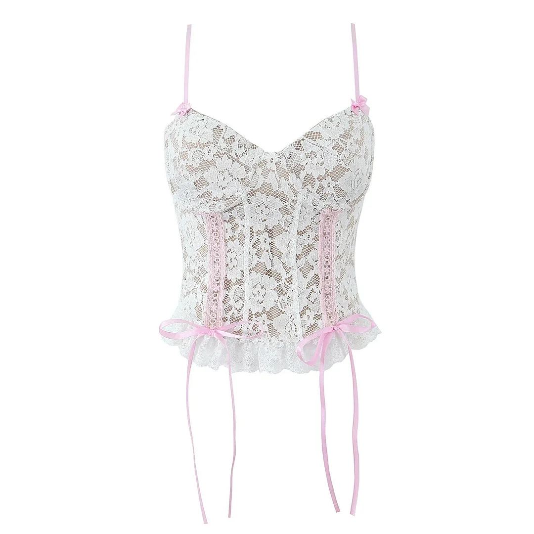 Toloer White Lace Pink Bow Strap Corset Top-Outfit Ideas