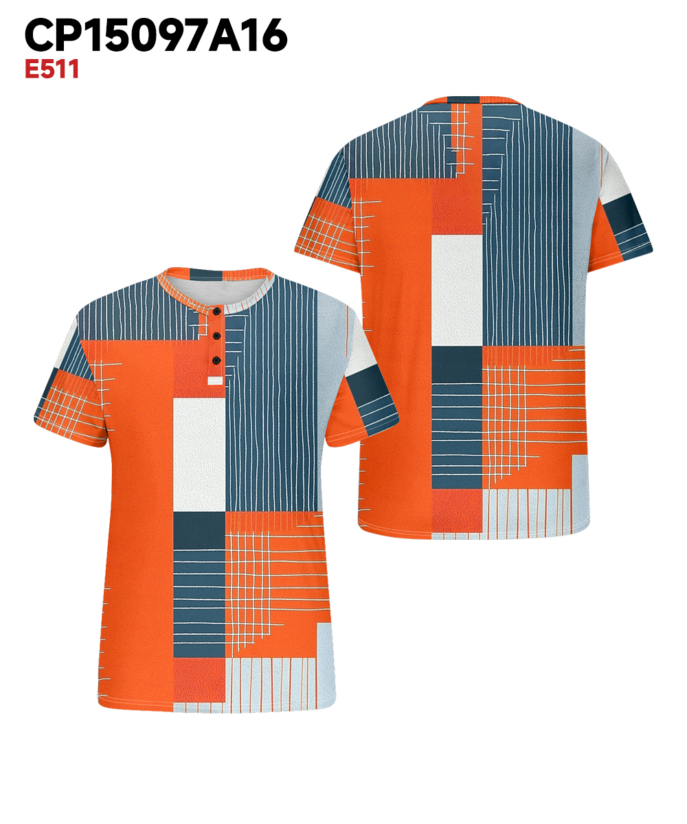 Big & Tall Men's Orange Stripe Geometric Print Henley Collar Button Short Sleeve Tee