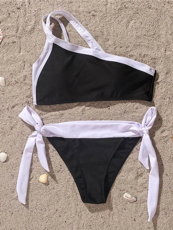 One-Shoulder Contrast Color Split-Joint Split Bikini Swimsuit