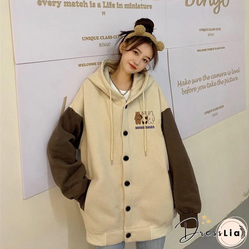 Harajuku Print Letter Zip Up Hoodies Oversized Women Sweatshirt Streetwear Female Plus Size Korean Clothes Chic Bear Loose Tops