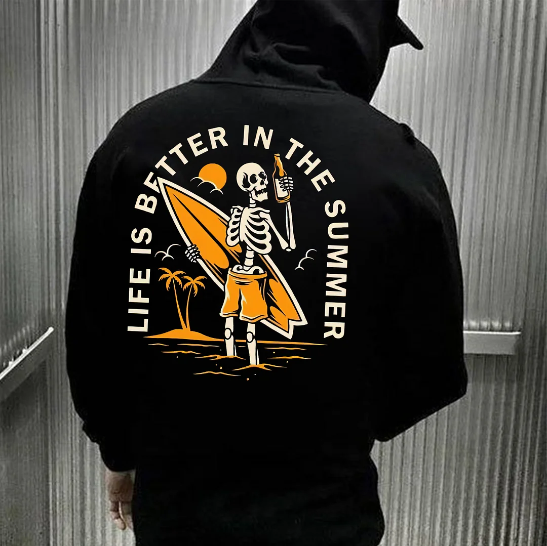 LIFE IS BETTER IN THE SUMMER Surfing Skeleton Print Men's Hoodie