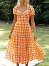 Plaid Print Puff Sleeves Vacation Midi Dress