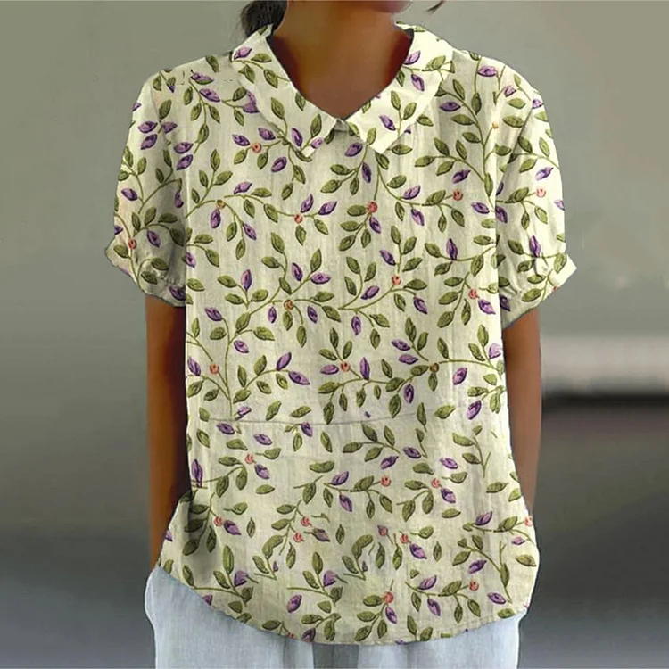Women's Flower Art Print Casual Cotton And Linen Shirt