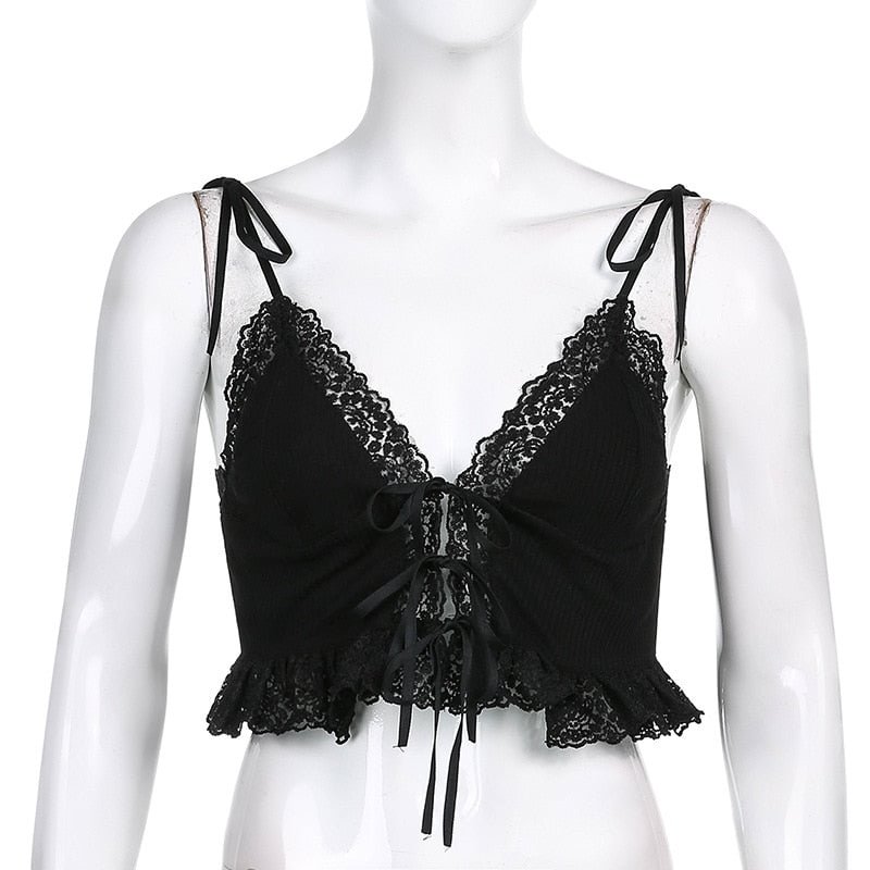 Cryptographic White Lace Tie Front Crop Tops Women Hollow Out Y2K Sexy Backless Lace Up Vest Top Sleeveless Cropped Feminino