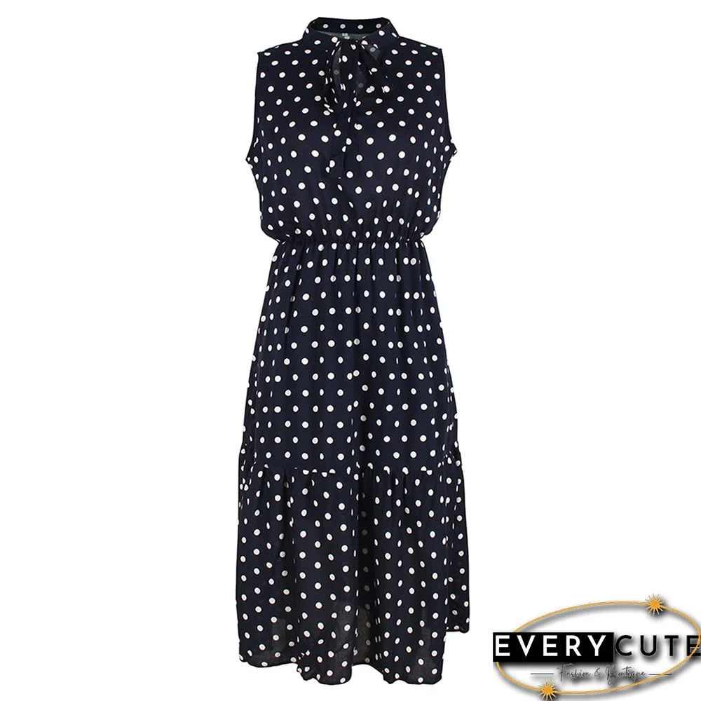 Navy Blue Polka Dot Sleeveless Fashion Dress