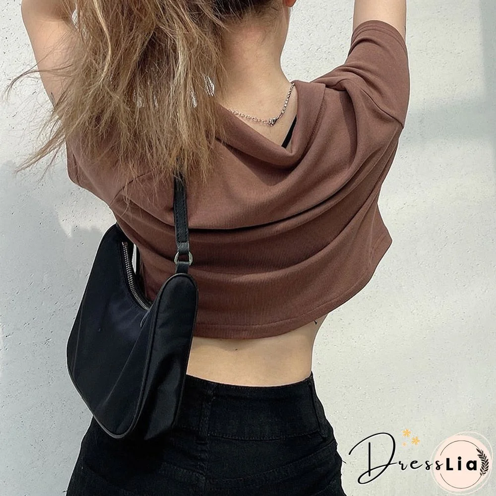 Weekeep Brown Summer Short Sleeve Cardigan Vintage Turn-down Collar Buttons Crop Top Women's Loose Streetwear Tee Shirt Harajuku