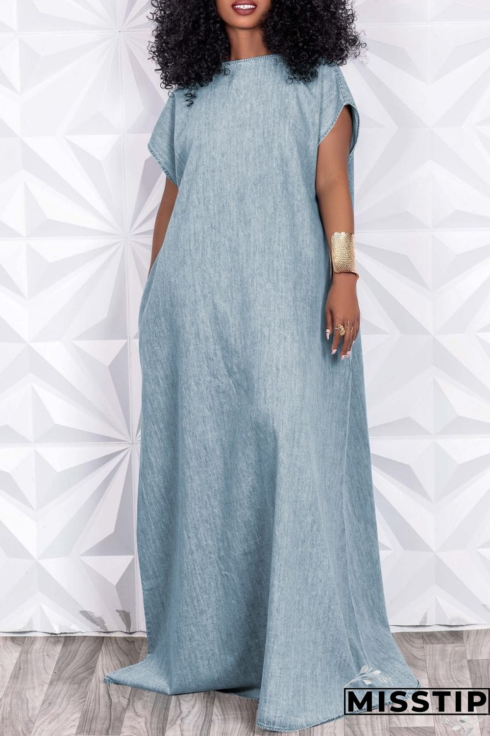 Light Blue Casual Solid Basic O Neck Short Sleeve Denim Dress