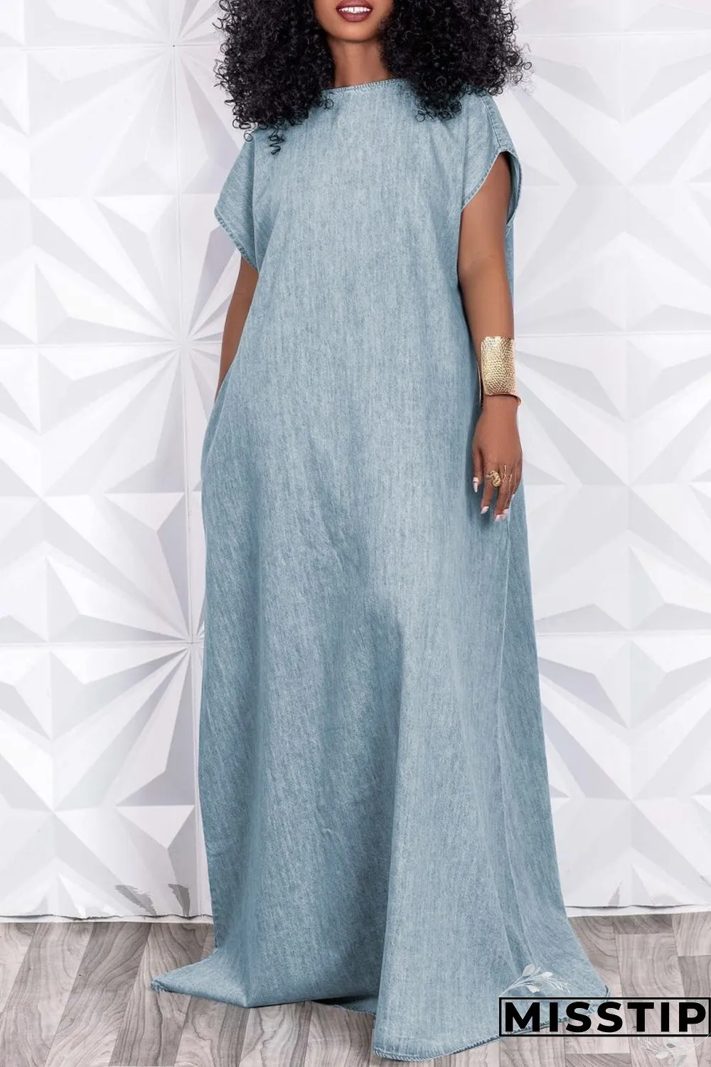 Light Blue Casual Solid Basic O Neck Short Sleeve Denim Dress
