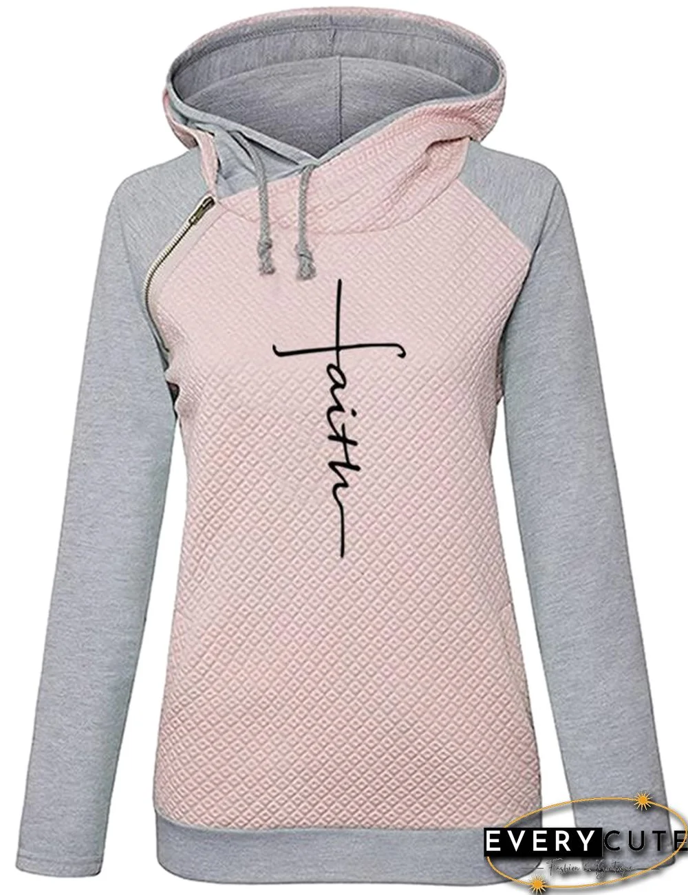 Grey Splice Pink Letter Print Drawstring Hoodie