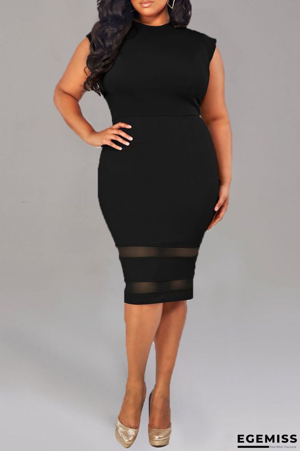 Black Casual Elegant Solid Patchwork O Neck One Step Skirt Plus Size Dresses | EGEMISS