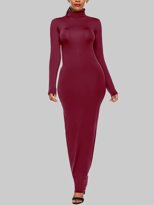 Long Sleeve High Neck Solid Color Dress main image 0