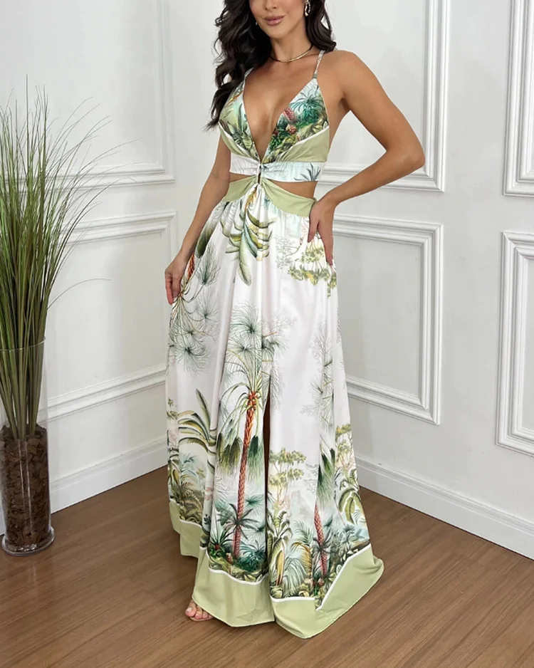 Women's printed suspender waist hollow holiday dress