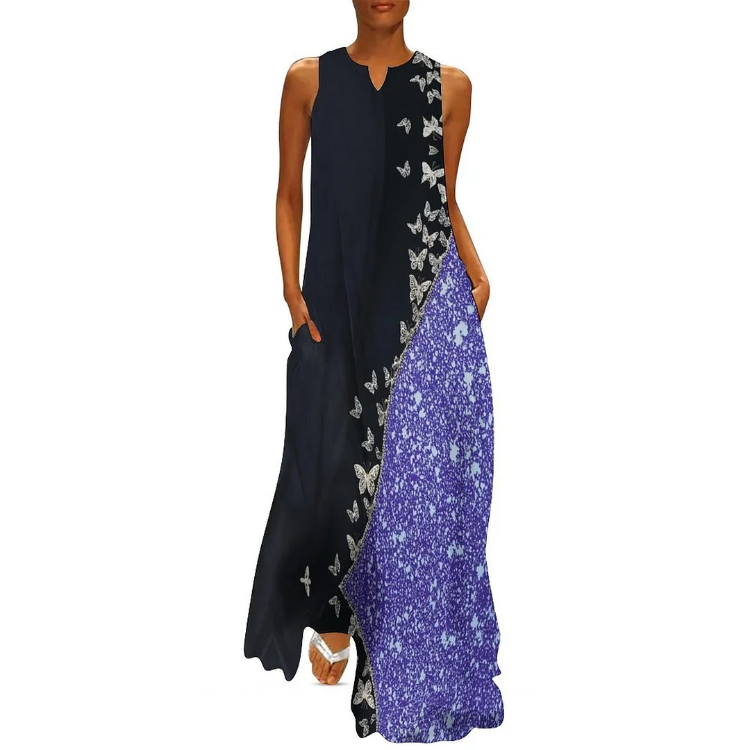 Style & Comfort for Mature Women Plus Size Printed Sleeveless Casual Women Maxi Dress with Pockets in Pattern Purple, Butterfly, Glitter