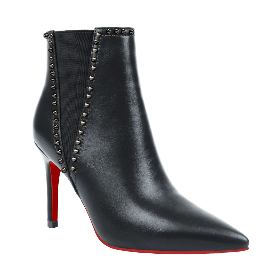90mm/3.54 inch Women's Ankle Boots Closed Pointed Toe Rivet Red Bottom Stilettos Booties-vocosishoes