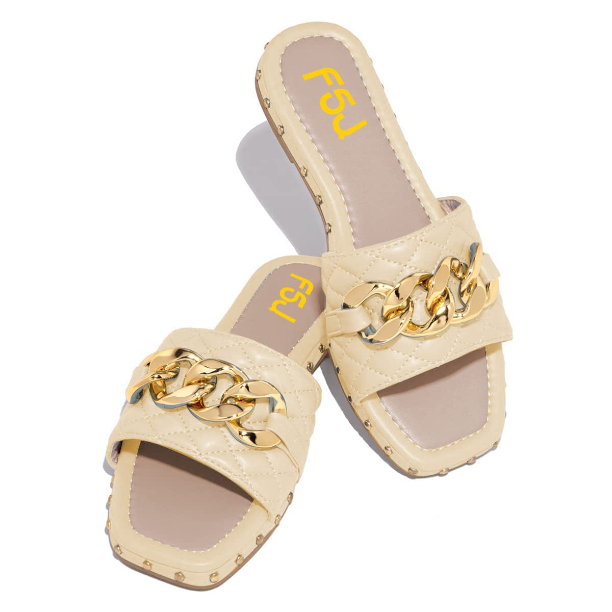 Beige Square Toe Flat Mule Sandals with Gold Chain Nicepairs