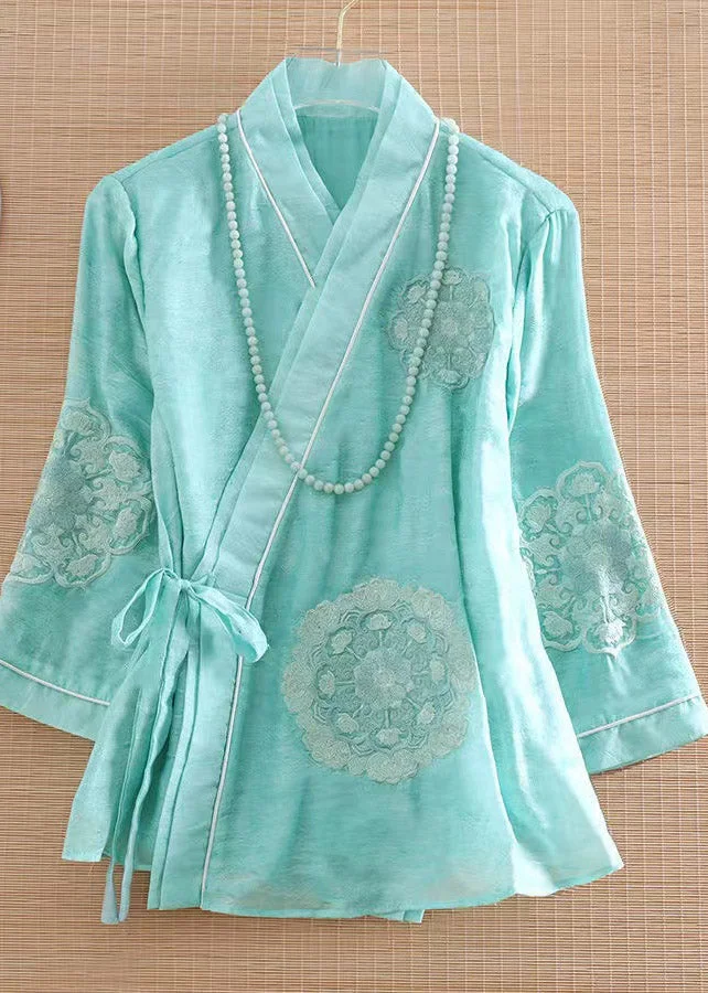 Novelty Green V Neck Embroideried Floral Tie Waist Silk Coats Spring