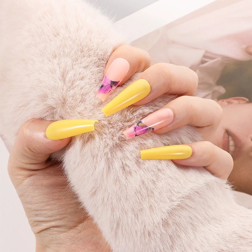 Lilac gradient Butterfly Pattern Fake Nails Full cover False Nails Extra Long Ballerina Coffin Nails Manicure Nail Art Tools-Nail Inspo