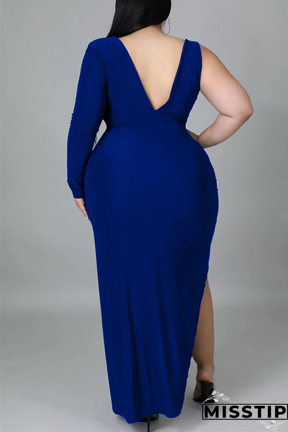 Black Fashion Casual Solid Hollowed Out Slit V Neck Long Sleeve Plus Size Dresses