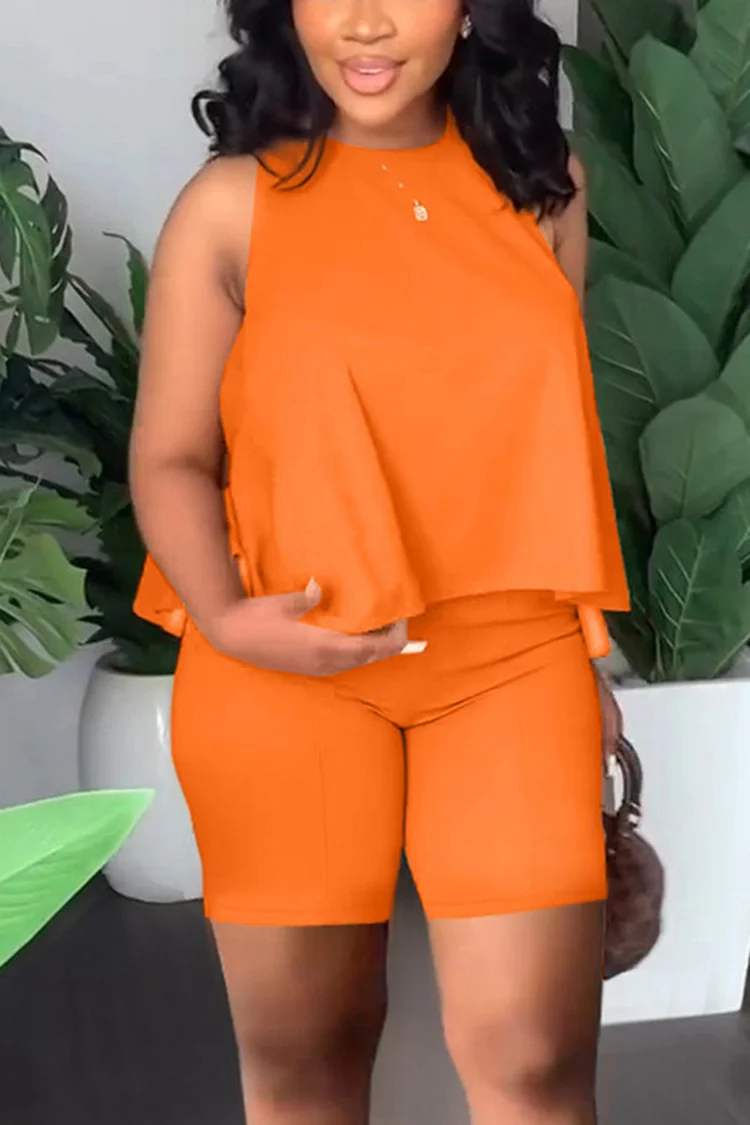 Plus Size Orange Casual O Neck Sleeveless Two Pieces Short Sets [Pre-Order]