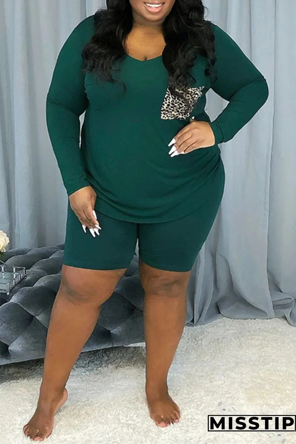 Ink Green Fashion Casual Patchwork Basic V Neck Plus Size Set