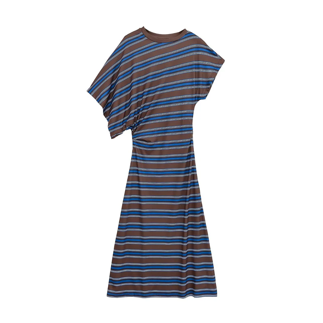 Nigikala Nigikala Striped Slanted Shoulder Short-Sleeved Woman Summer Small Fresh Loose Display Lanky Over-Knee Dress 6085910
