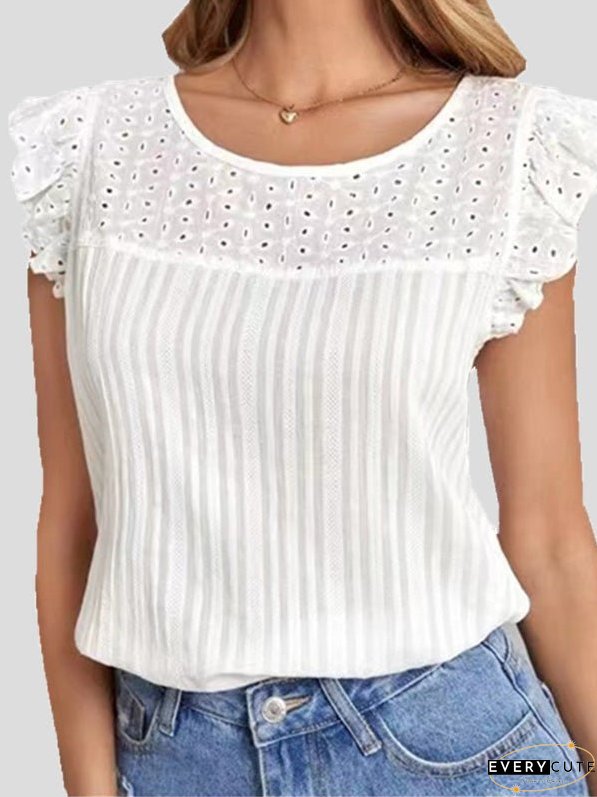 T-Shirts Cutout Crew Neck Ruffle Sleeveless T-Shirt for Women