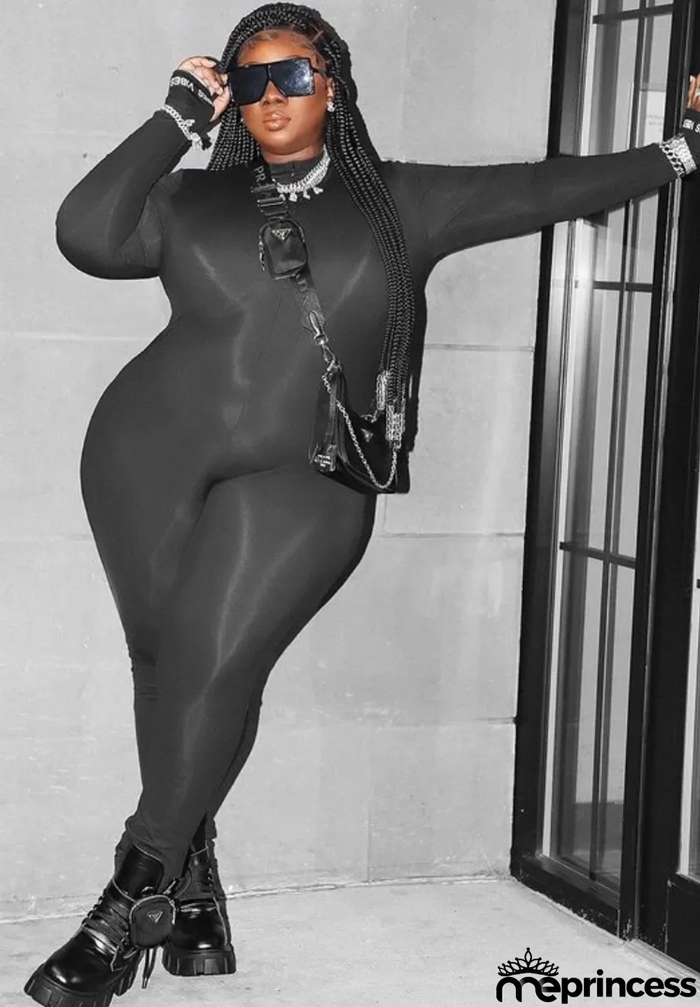 Fall Plus Size Sexy Pure Black Long Sleeve Slim Jumpsuit
