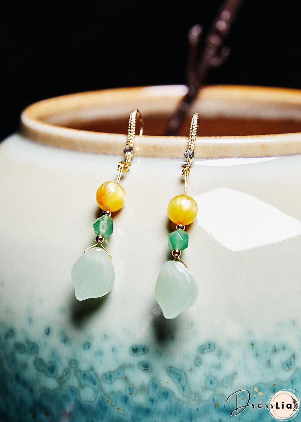 Unique Naturally Jade And Beeswax Drop Earrings