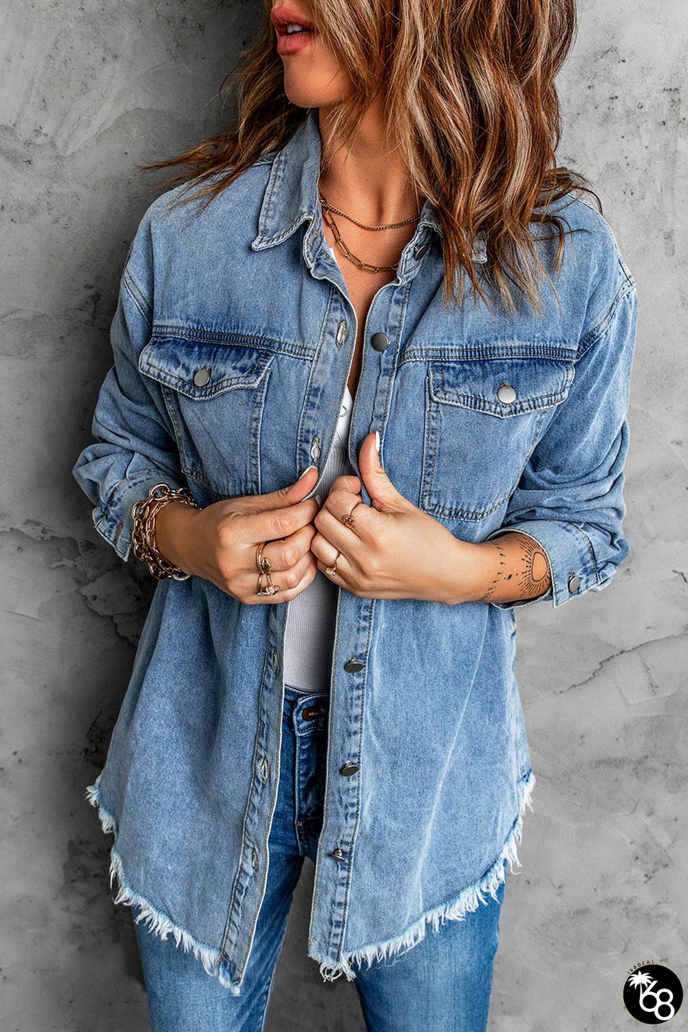 Sky Blue Pocket Raw Hem Buttoned Denim Jacket | 168DEAL